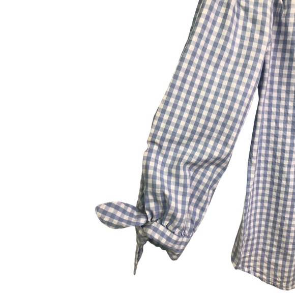 No Comment Blouse Womens Sz M Blue Gingham Check Off The Shoulder Top Sleeve Tie - Picture 5 of 9